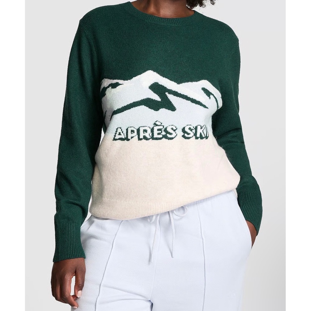 Victoria's Secret PINK Apres Ski Mountain Graphic Crewneck Sweater Green XS NWT - Picture 3 of 5